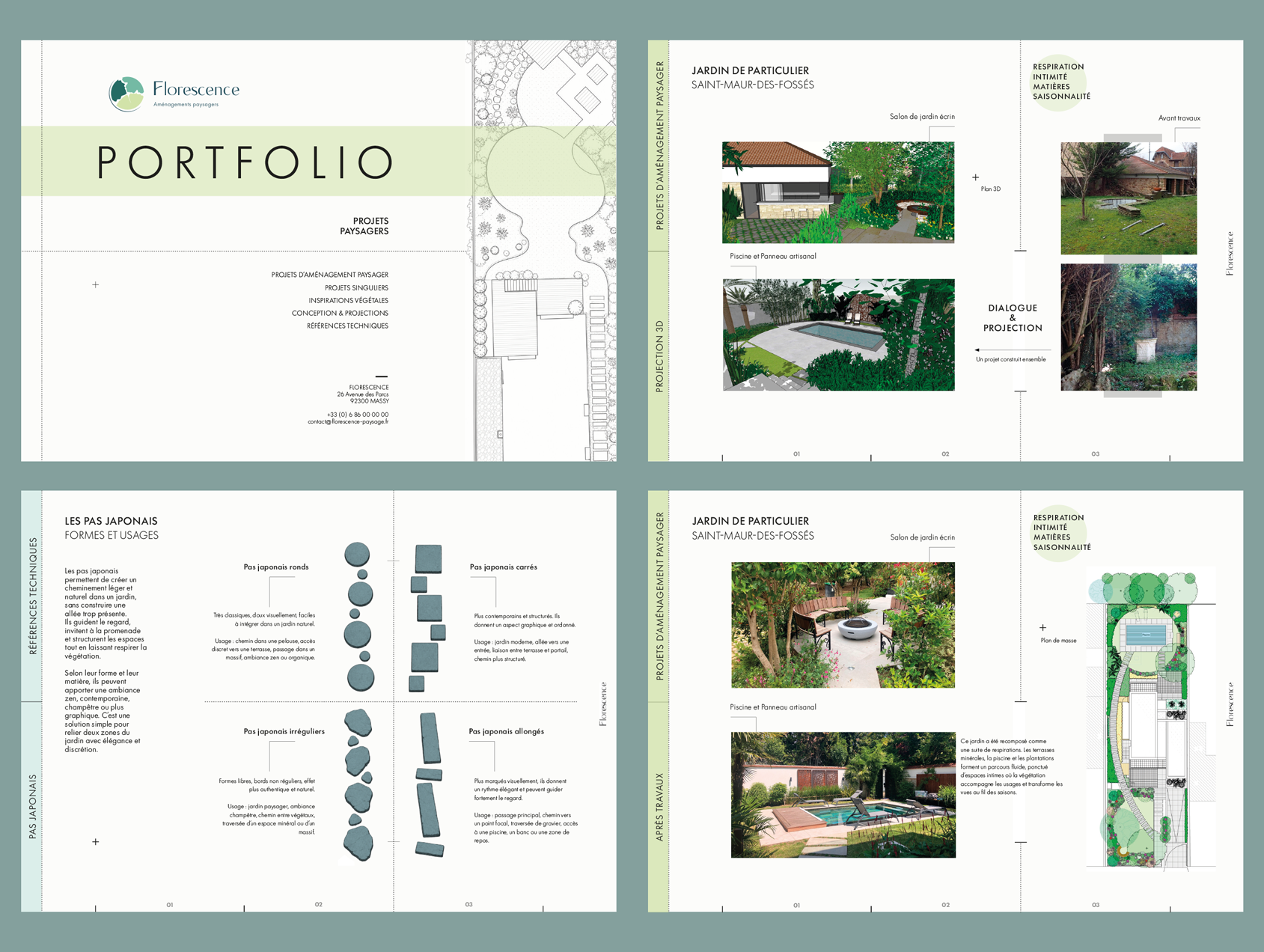 Mise en page du portfolio Florescence présentant des projets paysagers