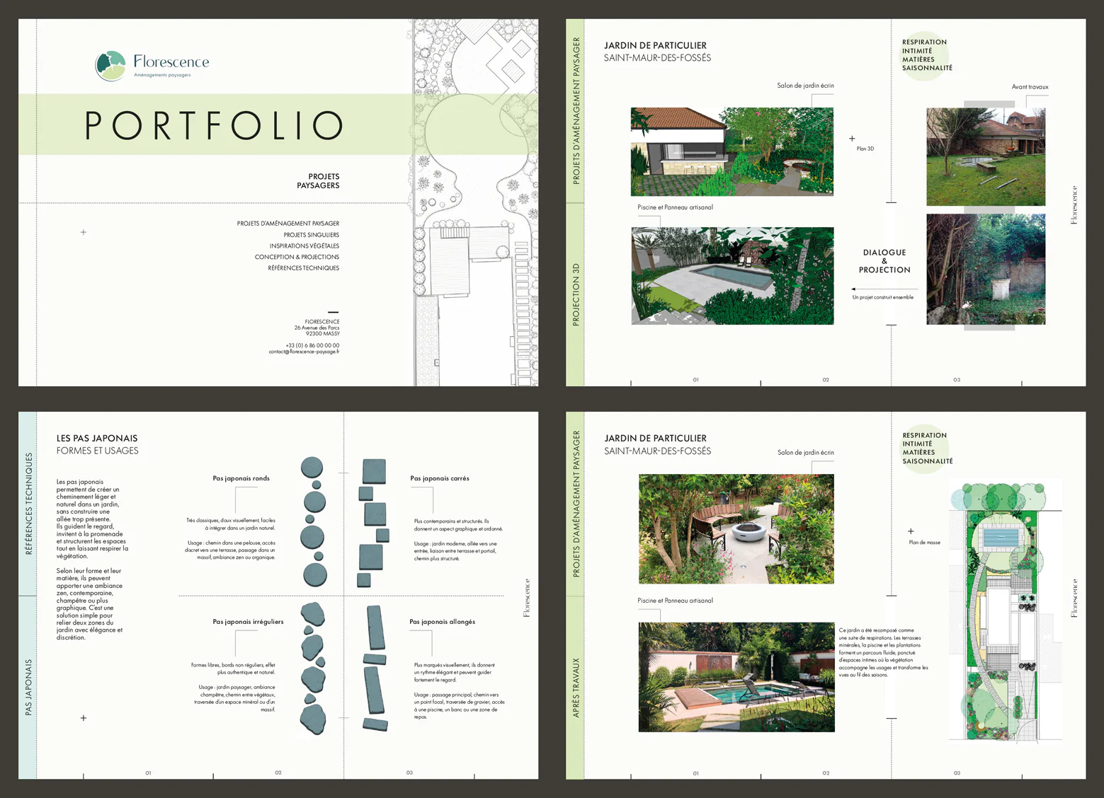 Mise en page du portfolio Florescence présentant des projets paysagers.