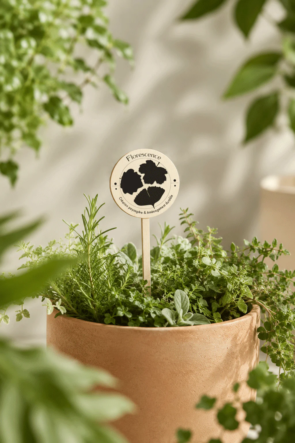 Marqueur végétal Florescence planté dans un pot d'herbes aromatiques