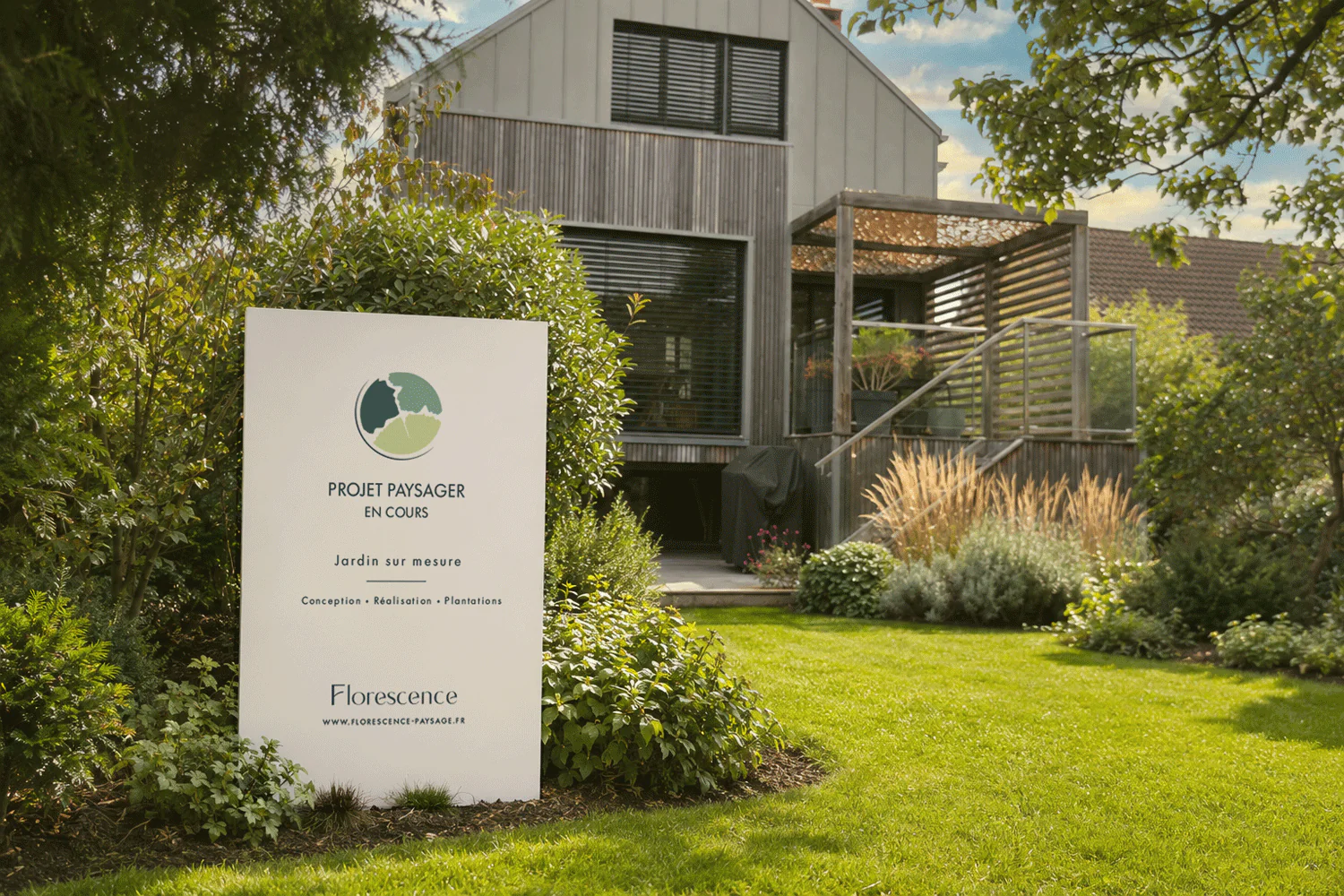 Panneau de projet Florescence installé devant une maison entourée d'un jardin